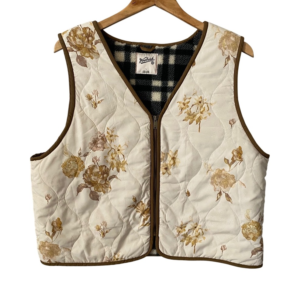 Woolrich Women Sz L Rustic Floral Quilted Vest Cream Tan Plaid Fleece Lined